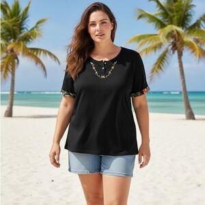 Capacity Woman Black Floral Embroidered Henley T Shirt Plus Size 1X Short Sleeve
